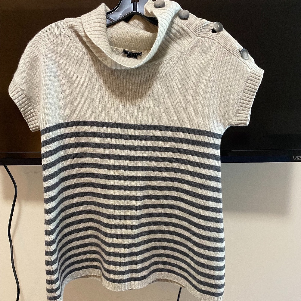 Theory Cowl Neck Short Sleeve Sweater with Button Detail